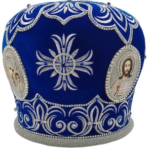 Mitra blu-argento del sacerdote Betlemme / Mitra di velluto di alta qualità / Mitra del sacerdote ricamata decorata / Mitra del sacerdote bianco blu / Vifleemskaya /
