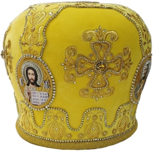 Mitra sacerdotale giallo-oro Croce / Mitra in tessuto di velluto di qualità / Mitra sacerdotale decorata ricamata con pietre / Mitra sacerdotale ortodossa gialla
