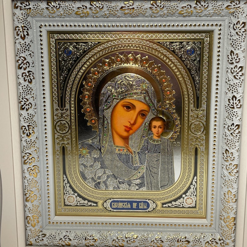 Set of two white wedding icons | Mother God | Jesus Christ | Icon in wooden frame | Icon under glass | Figured icon case | Wedding icons | image 13