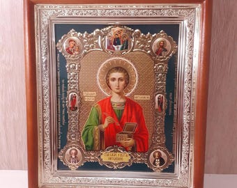 Icon 3D effect in wooden frame Saint Panteleimon Healer | Icon under glass with decoration | Orthodox icon Panteleimon | Lithography icon |