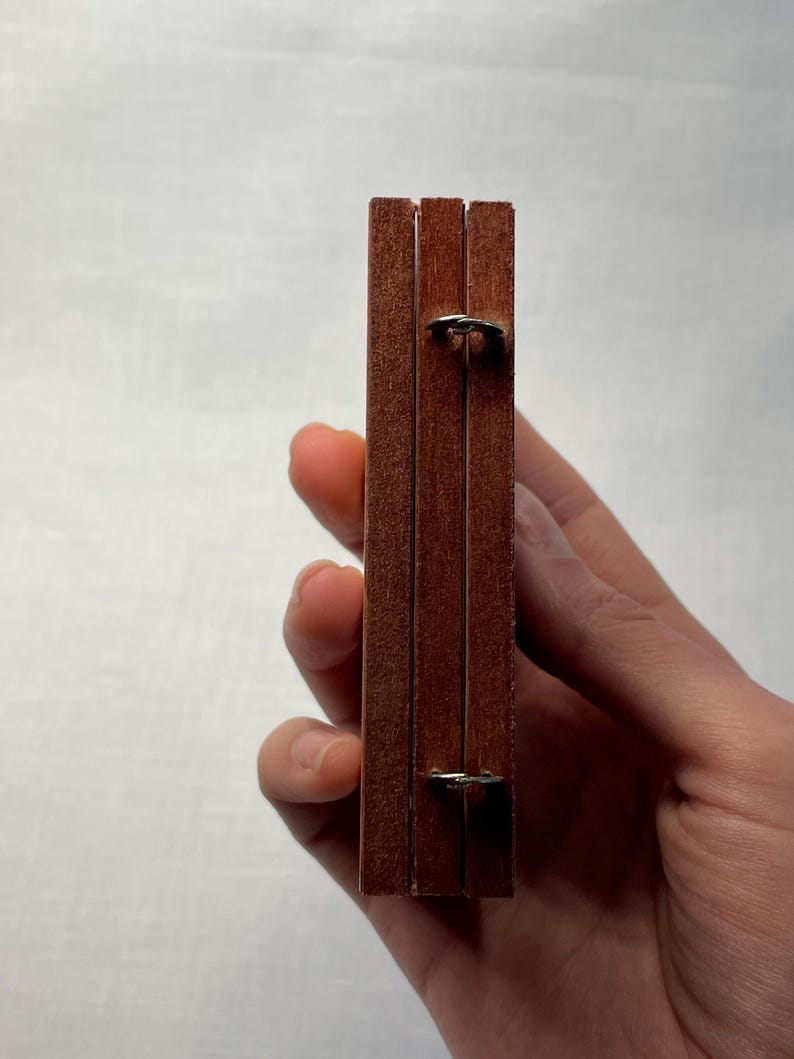 K&ouml;nnte beinhalten: Eine Holzkiste mit drei F&auml;chern, jedes mit einem Metallscharnier. Die Kiste ist geschlossen und wird in einer Hand gehalten.