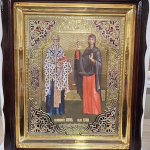 Icon in wooden frame Martyrs Cyprian and Justina | Icon under glass with decoration enamel inserts | Orthodox icon church | Lithography icon