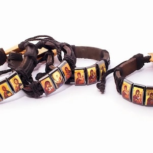 Lederarmband mit Symbolen | Armband mit Heiligen | Handgefertigtes Armband | Naturleder | Armband für Männer und Frauen | Christliches Armband |