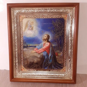 Icon in wooden frame of Jesus Christ Agony in Garden | Icon Lord Almighty under glass | Orthodox icon | Lithography icon | Icon Jesus Christ