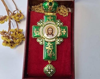 Priest award metal pectoral green cross with stones | Crucifixion | Pectoral Cross | Fasting Cross | Jesus Christ cross | Orthodox Cross |
