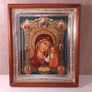 Icon 3D effect in wooden frame Mother of God Kazan Byzantine style | Icon under glass with decoration | Orthodox icon | Lithography icon |