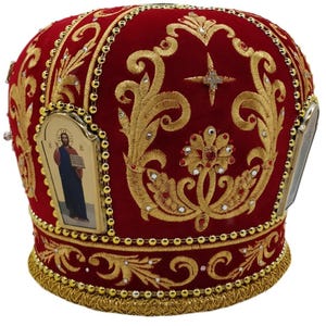 Mitra sacerdote rosso-oro Stella / Mitra in tessuto di velluto di qualità / Mitra sacerdote decorata ricamata con pietre / Mitra sacerdote ortodossa rossa Stella /