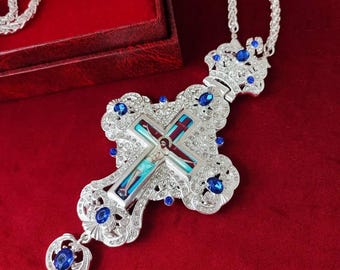 Priest award metal pectoral blue stone cross with stones | Crucifixion | Pectoral Cross blue | Fasting Cross | Jesus Christ Orthodox cross |