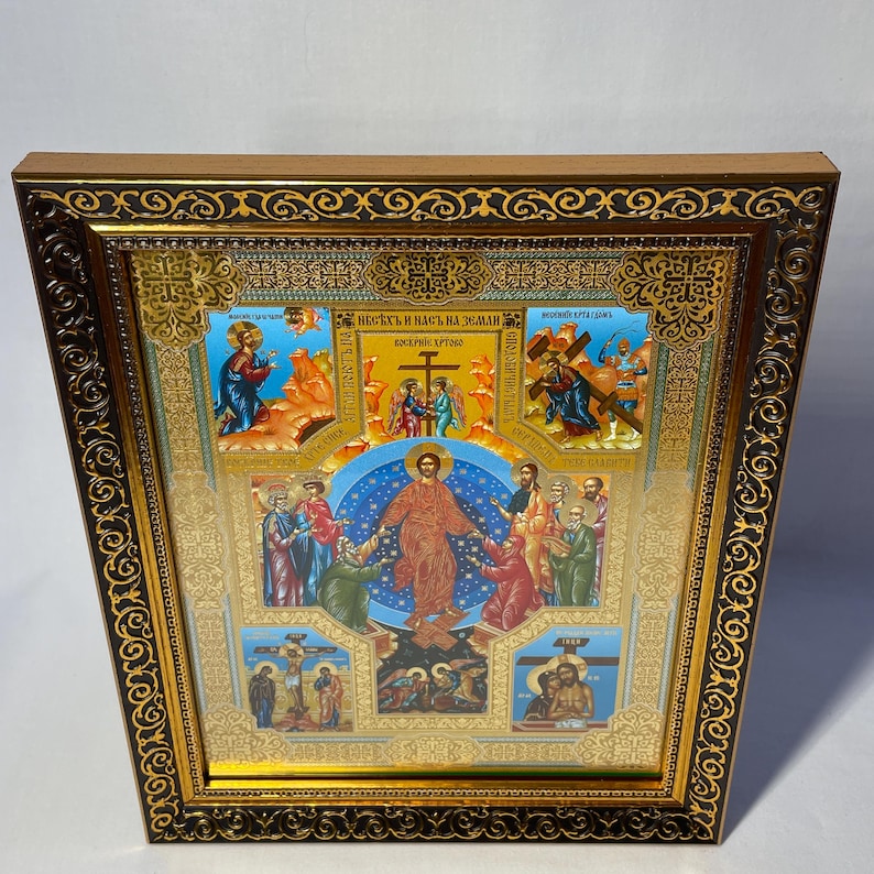 Icon wooden frame Resurrection Christ | Jesus Christ | Icon under glass | Orthodox icon | Lithography gold stamping | 27x22 cm | Icon Christ image 15