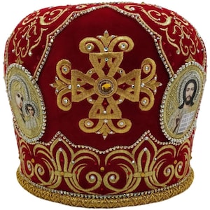 Mitra sacerdotale rosso-oro Croce / Mitra in tessuto di velluto di qualità / Mitra sacerdotale decorata ricamata con pietre / Mitra sacerdotale ortodossa rossa /