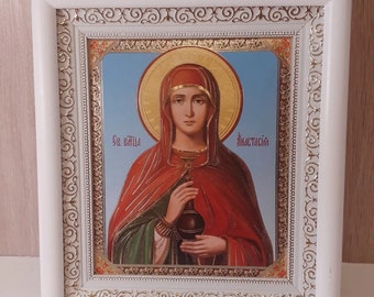 Icon in wooden white frame Saint Martyr Anastasiya | Icon under glass with decoration | Orthodox white icon | Icon Anastasiya size 21x24 |