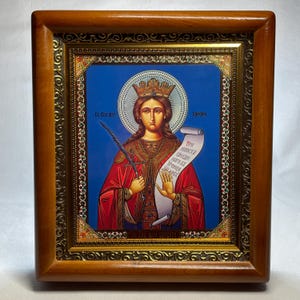 Icoon in houten lijst Grote Martelaar Barbara | Icoon onder glas met decoratie | Orthodox icoon Heilige Martelaar Varvara | Lithografie-pictogram |