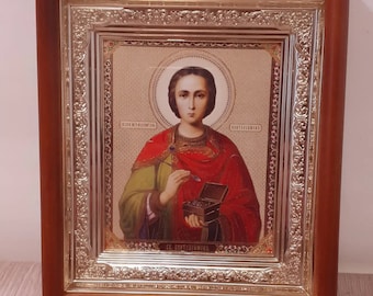 Icon in wooden frame Holy Great Martyr Panteleimon Healer | Icon under glass with decoration | Orthodox icon | Lithography icon | 15x17 cm |