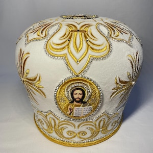 Mitra del sacerdote Betlemme bianco-oro / Mitra di velluto di alta qualità / Mitra del sacerdote ricamata decorata / Mitra del sacerdote bianco argento / Vifleemskaya /