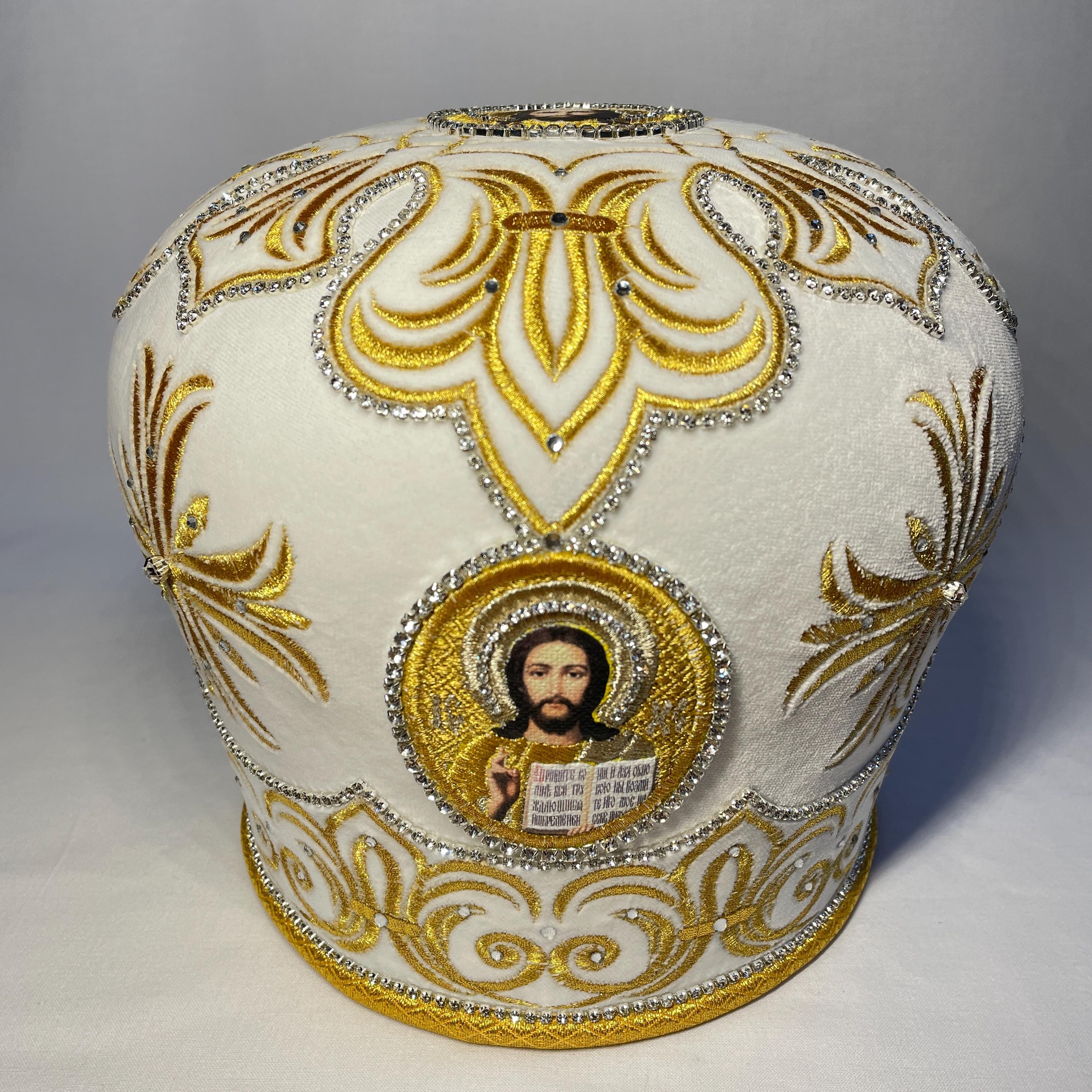 Priest Bethlehem white-gold miter | High-quality velvet miter | Decorated embroidered priest mitra | Priest white silver | Vifleemskaya |