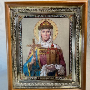 Ikona w ramie drewnianej Równa Apostołom Księżniczka Olga | Ikona pod szkłem z dekoracją | Ikona prawosławna | Ikona litograficzna | 20 x 22 cm |