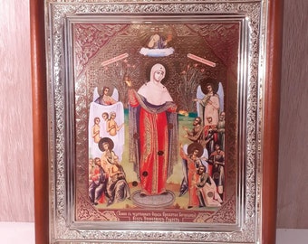 Icon in wooden frame saint Mother God Joy of all who Sorrow | Icon under glass with decoration | Orthodox icon | Lithography icon | 15x17 cm