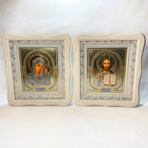 Set of two white wedding icons | Mother God | Jesus Christ | Icon in wooden frame | Icon under glass | Figured icon case | Wedding icons | image 5