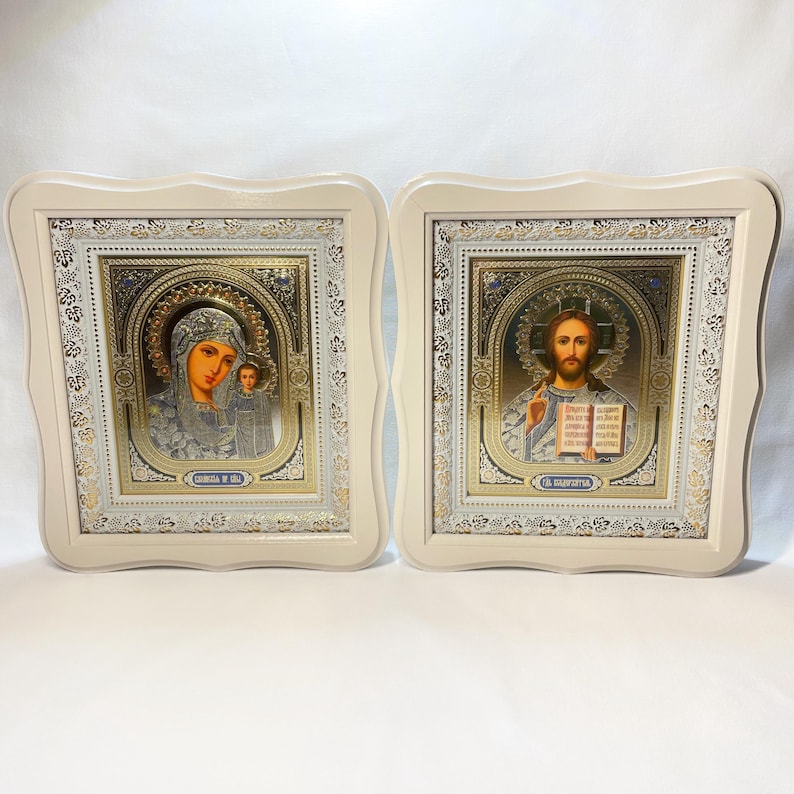 Set of two white wedding icons | Mother God | Jesus Christ | Icon in wooden frame | Icon under glass | Figured icon case | Wedding icons | image 5