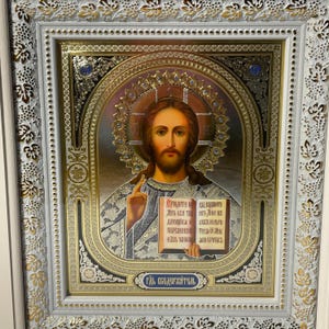 Set of two white wedding icons | Mother God | Jesus Christ | Icon in wooden frame | Icon under glass | Figured icon case | Wedding icons | image 10