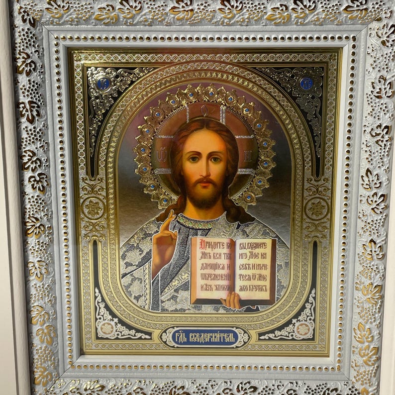 Set of two white wedding icons | Mother God | Jesus Christ | Icon in wooden frame | Icon under glass | Figured icon case | Wedding icons | image 10