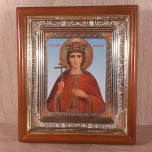 Icon in wooden frame Saint Great Martyr Ekaterina | Icon under glass with decoration | Orthodox icon | Lithography icon | 15x17 cm |