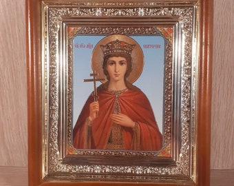 Icon in wooden frame Saint Great Martyr Ekaterina | Icon under glass with decoration | Orthodox icon | Lithography icon | 15x17 cm |