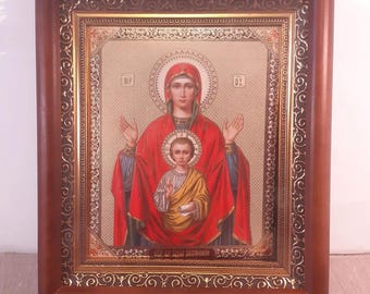 木枠に入った聖印の母神のアイコン | 装飾付きガラスの下のアイコン