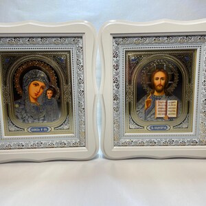 Set of two white wedding icons | Mother God | Jesus Christ | Icon in wooden frame | Icon under glass | Figured icon case | Wedding icons | image 3