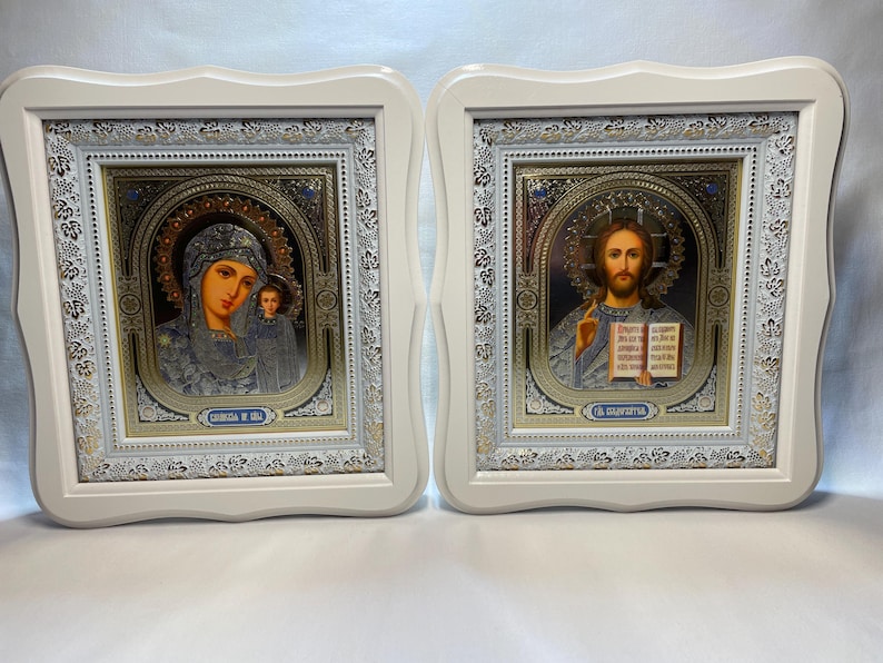 Set of two white wedding icons | Mother God | Jesus Christ | Icon in wooden frame | Icon under glass | Figured icon case | Wedding icons | image 3