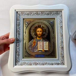 Set of two white wedding icons | Mother God | Jesus Christ | Icon in wooden frame | Icon under glass | Figured icon case | Wedding icons | image 16