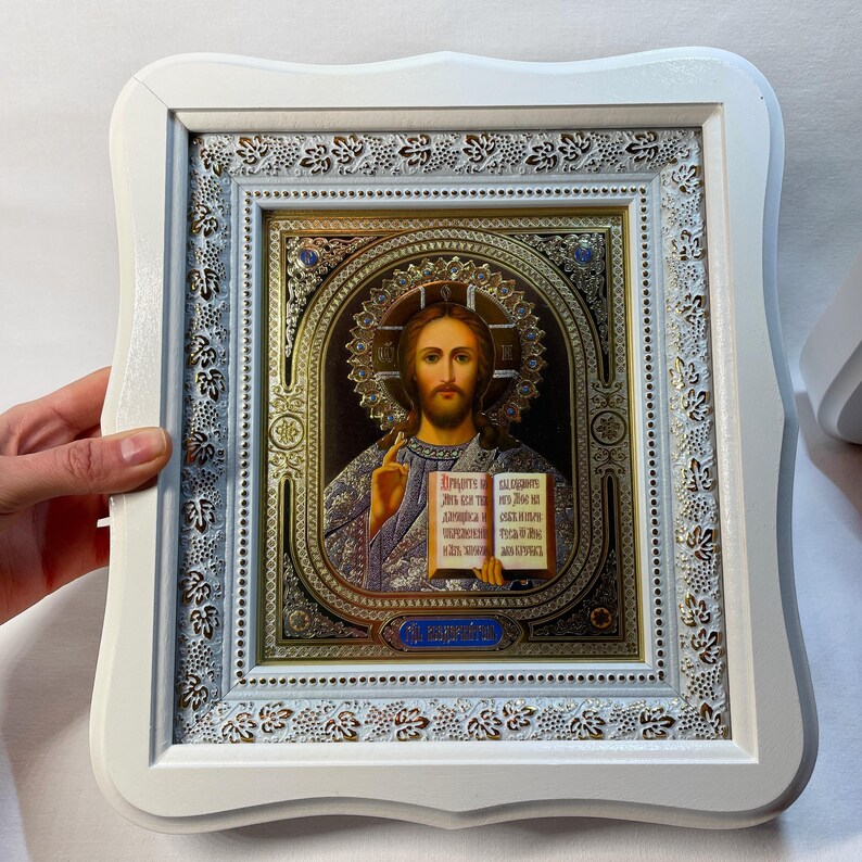 Set of two white wedding icons | Mother God | Jesus Christ | Icon in wooden frame | Icon under glass | Figured icon case | Wedding icons | image 16