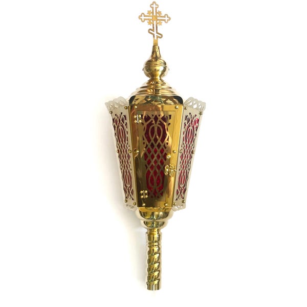 Easter lantern for religious procession with candlestick | Brass lantern 63x21 cm | Easter lantern in an Orthodox church | Church utensils |