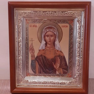 Icon in wooden frame Saint Martyr Claudia | Icon under glass with decoration | Orthodox icon | Lithography icon | 15x17 cm | Icon Claudia