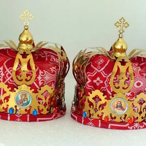 Orthodox premium wedding crowns couples | Crown covered with gold lacquer and inlaid with stones | Metal crowns bride and groom wedding |