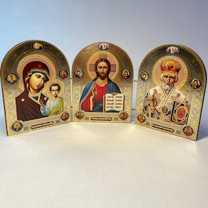 Jesus Christ | Mother of God | Saint Nicholas | Triptych | Foldable Icon | Orthodox Icon | Wooden Icon | Lord | Orthodox Shrine | Holy Icon