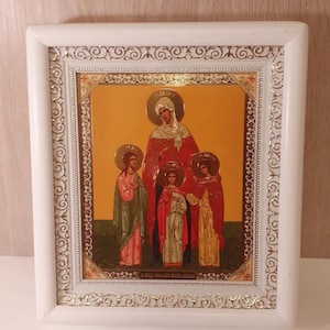 Icon in wooden white frame Vera, Nadejda, Lubov and their mother Sofia | Icon under glass with decoration | Orthodox white icon | Size 21x24
