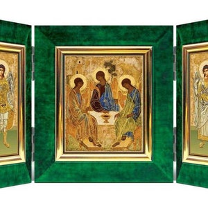 Icono ortodoxo plegable / Icono plegable en terciopelo / Icono ortodoxo plegable Icono triple / Icono cristiano de la Trinidad, los arcángeles Miguel y Gabriel