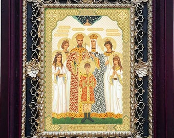 Icon on stand wooden frame Tsarskya Royal family | Icon under glass decoration | Orthodox icon | Lithography icon | 15 x 12 | Icon Martyrs |