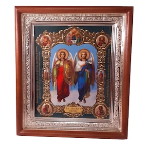 Icon 3D effect wooden frame Archangels Michael and Gabriel | Icon under glass with decoration | Orthodox icon | Lithography icon | Gabriel |