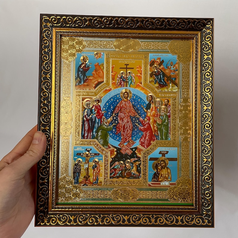 Icon wooden frame Resurrection Christ | Jesus Christ | Icon under glass | Orthodox icon | Lithography gold stamping | 27x22 cm | Icon Christ image 9