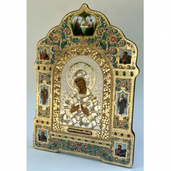 Icon of Mother God Seven arrows | Orthodox hardboard icon | Icon wooden base | Embossed icon | Stand icon | Desktop icon | Decorated Icon |