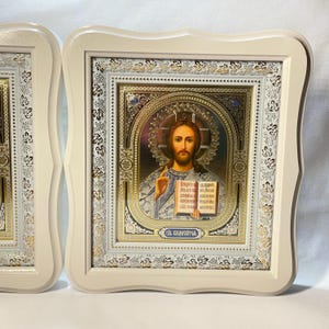 Set of two white wedding icons | Mother God | Jesus Christ | Icon in wooden frame | Icon under glass | Figured icon case | Wedding icons | image 7