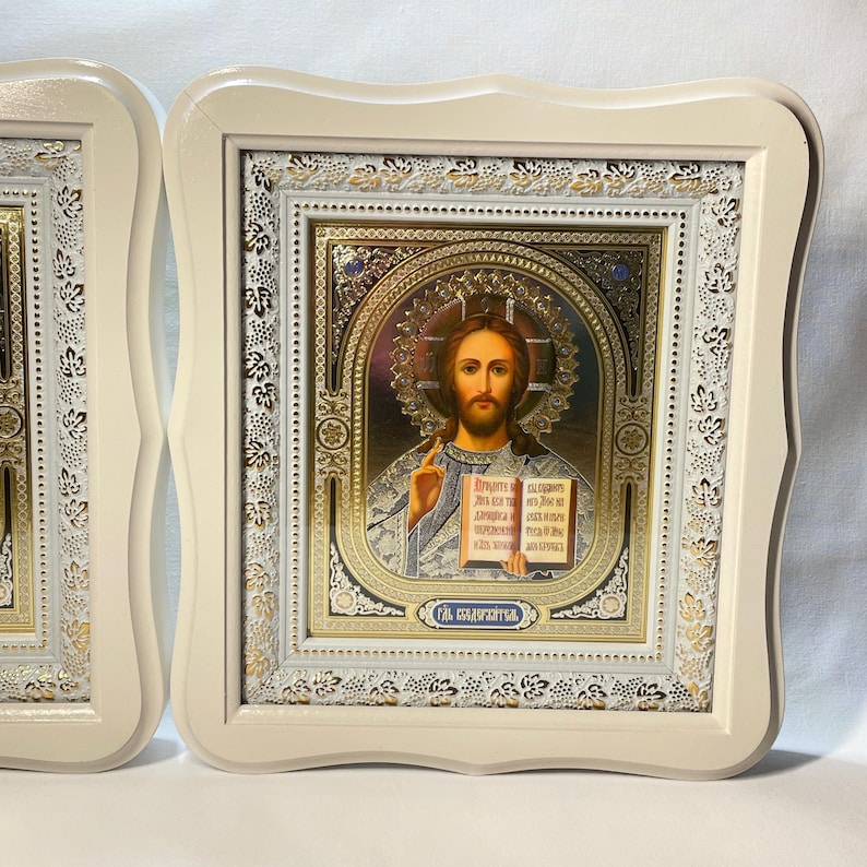 Set of two white wedding icons | Mother God | Jesus Christ | Icon in wooden frame | Icon under glass | Figured icon case | Wedding icons | image 7