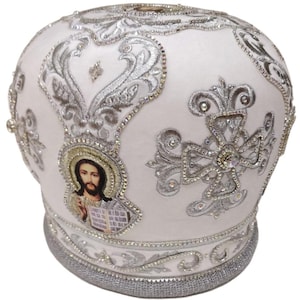 Mitra sacerdotale bianco-argento Croce / Mitra in tessuto di velluto di qualità / Mitra sacerdotale decorata ricamata con pietre / Mitra sacerdotale ortodossa bianca