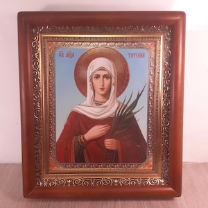 Icon in wooden frame Holy Martyr Tatiana | Icon under glass with decoration | Orthodox icon | Lithography icon | Icon Saint Martyr Tatyana |