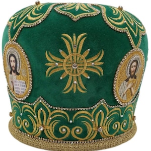 Mitra sacerdote Betlemme verde-oro / Mitra in velluto di alta qualità / Mitra sacerdote ricamata decorata / Mitra sacerdote bianco verde / Vifleemskaya /