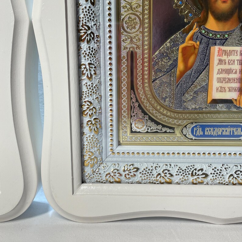 Set of two white wedding icons | Mother God | Jesus Christ | Icon in wooden frame | Icon under glass | Figured icon case | Wedding icons | image 8