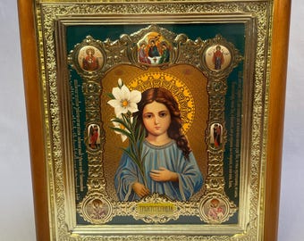 Icon 3D effect in wooden frame Mother God Triennial | Icon under glass with decoration | Orthodox icon | Lithography icon | Icon 20x22 |