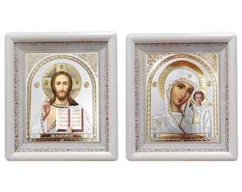 Set of two wedding icons | Mother of God | Jesus Christ | Icon in white wooden frame | Icon under glass | Figured icon case | Wedding icons